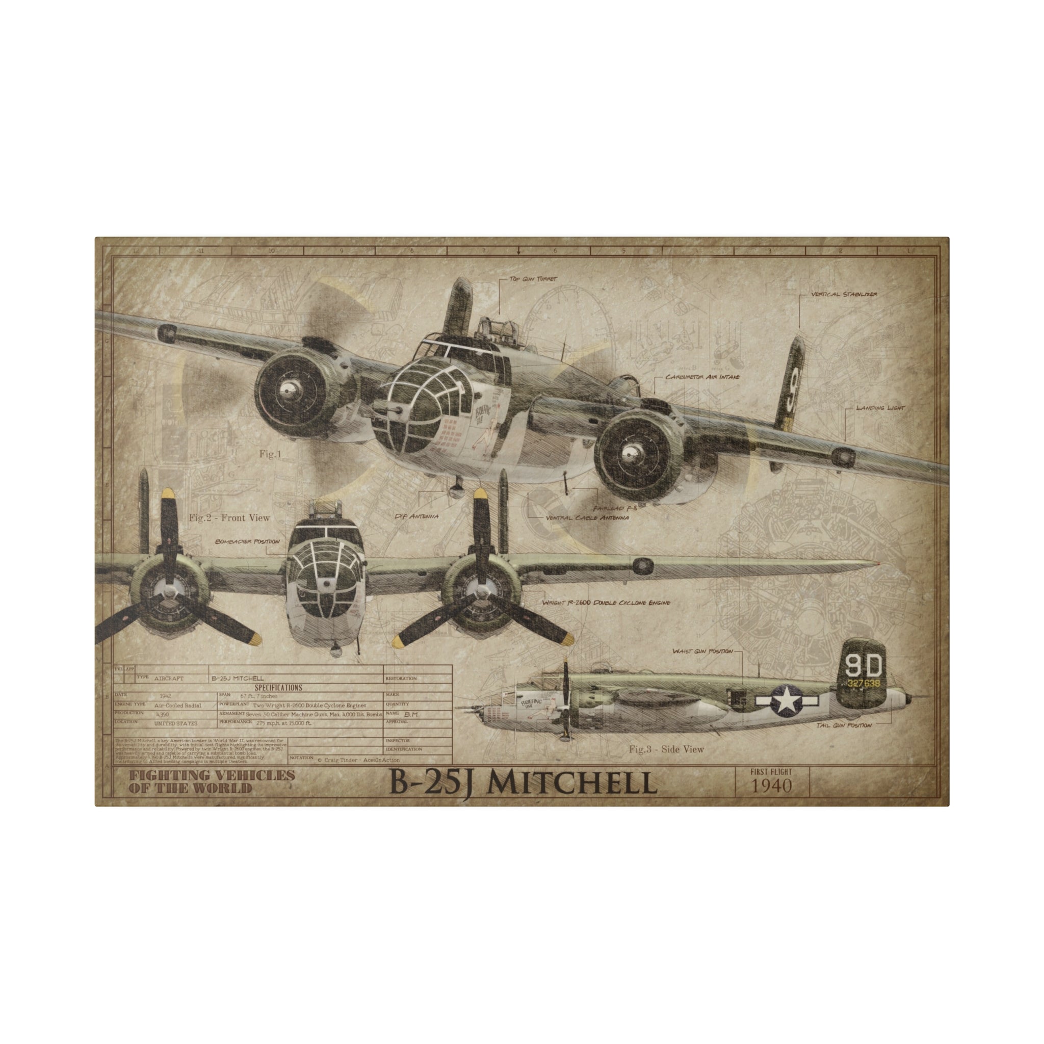 30x20 B-25 Mitchell Bomber Fighting Vehicles of the World Canvas Art