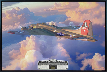 Art print "Twilight's Last Crucible" by Artist Craig Tinder, showing a B-17 flying through the clouds at sunset.