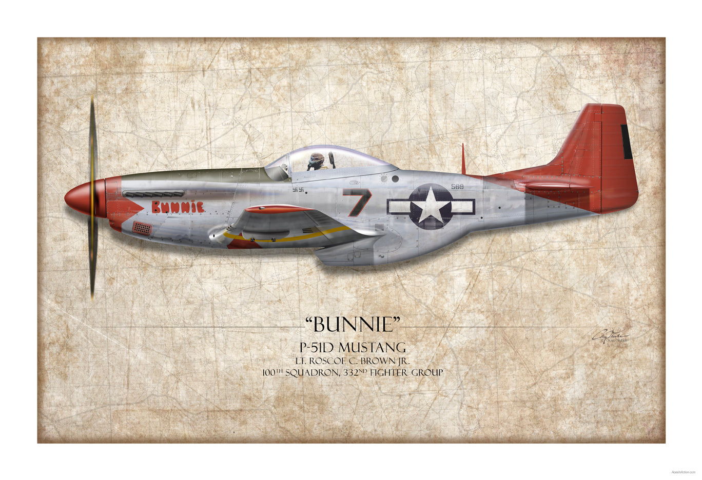 Bunnie P-51 Mustang Tuskegee Red Tails Aviation Art Print - Profile