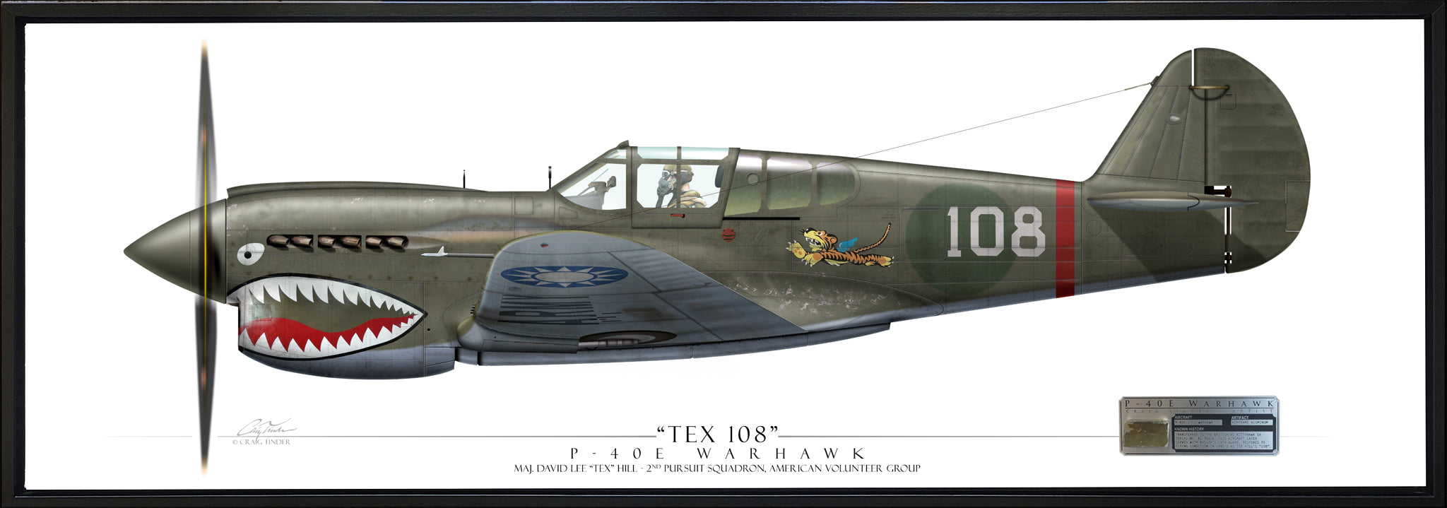 P-40E Warhawk - "Tex" Hill - Framed Panoramic Aviation Art Print - Profile-Art Print-Aces In Action: The Workshop of Artist Craig Tinder