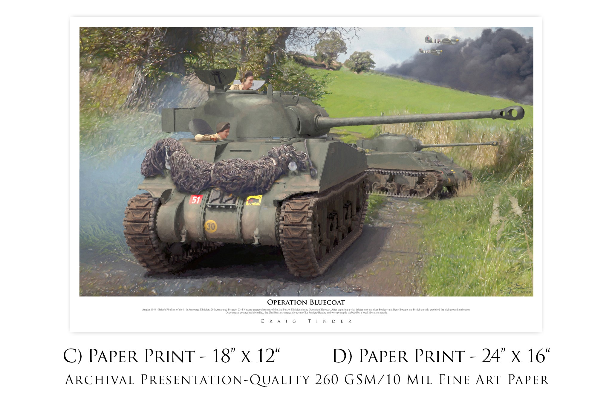 Operation Bluecoat - Sherman Tank Military Art-Art Print-Aces In Action: The Workshop of Artist Craig Tinder